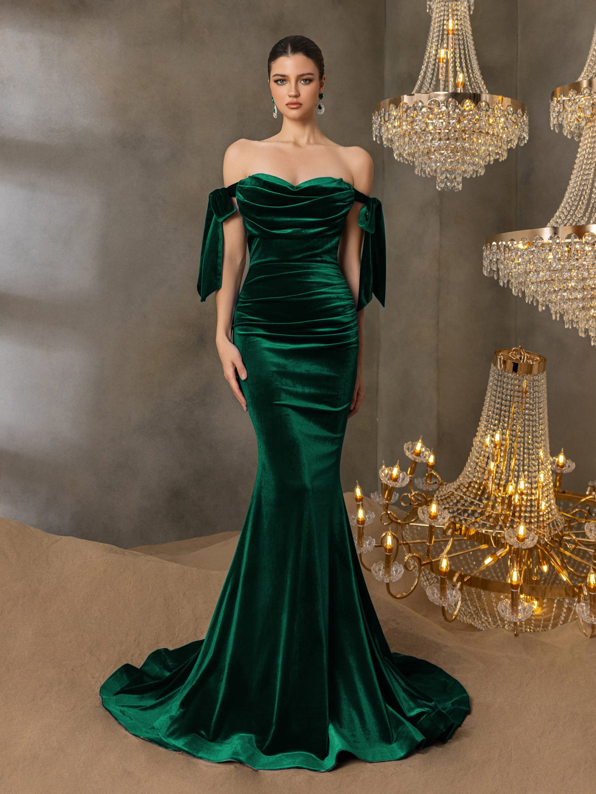 Alternate view of Off-Shoulder Velvet Mermaid Sleeveless Maxi Evening Gown in Dark Gree