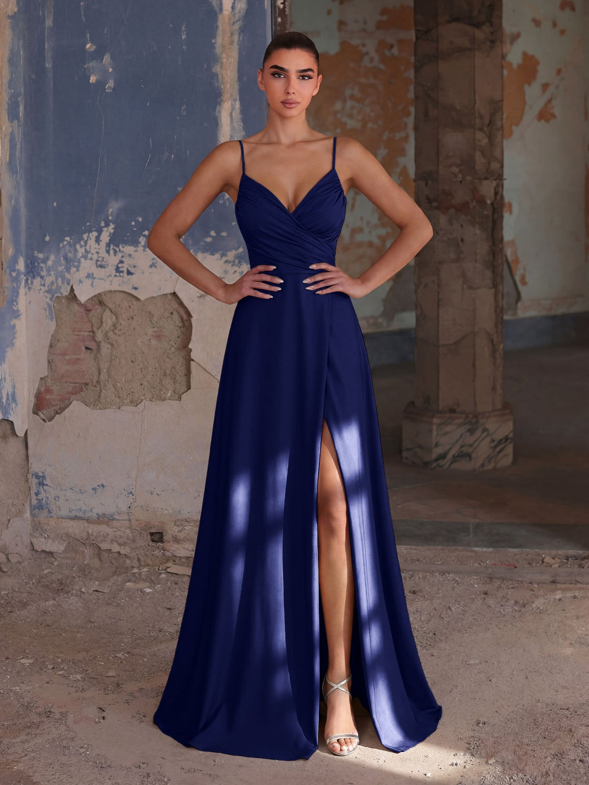 Alternate view of Cami Strap High-Slit Knit A-Line Sleeveless Evening Gown in Navy Blue