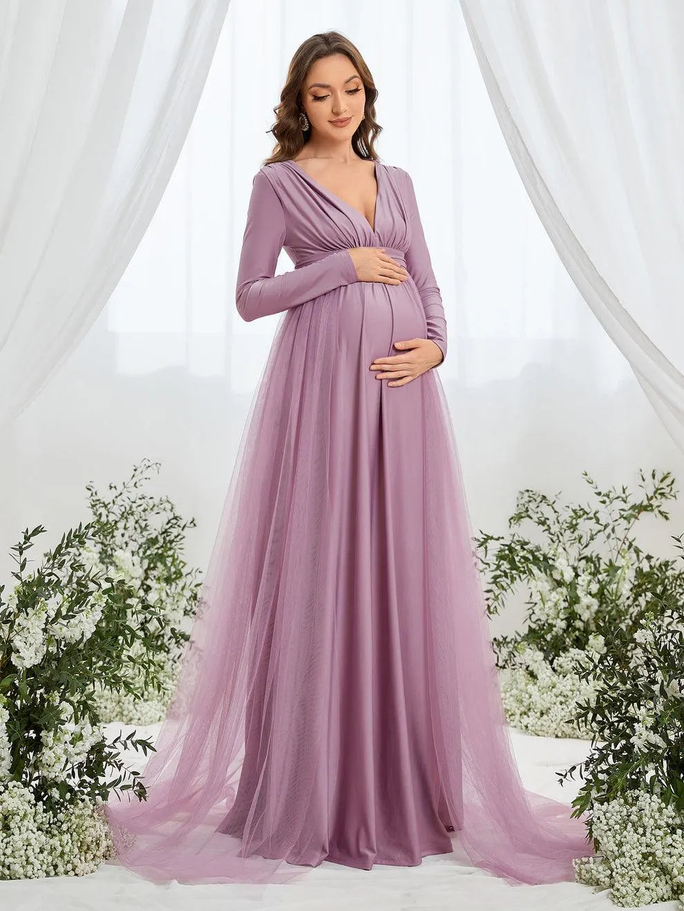 Additional product view of Contrast Mesh Plunging-Neck V-Neck Knit A-Line Maternity Evening Dress