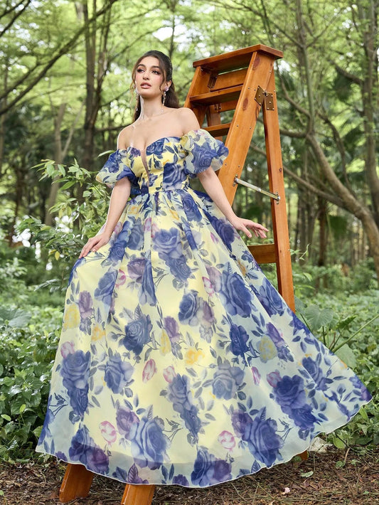 Yellow floral organza off-shoulder prom dress with puff sleeves