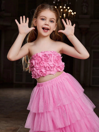Additional product view of Strapless Mesh 3D-Flower A-Line Sleeveless Girls' Two-Piece Formal Set