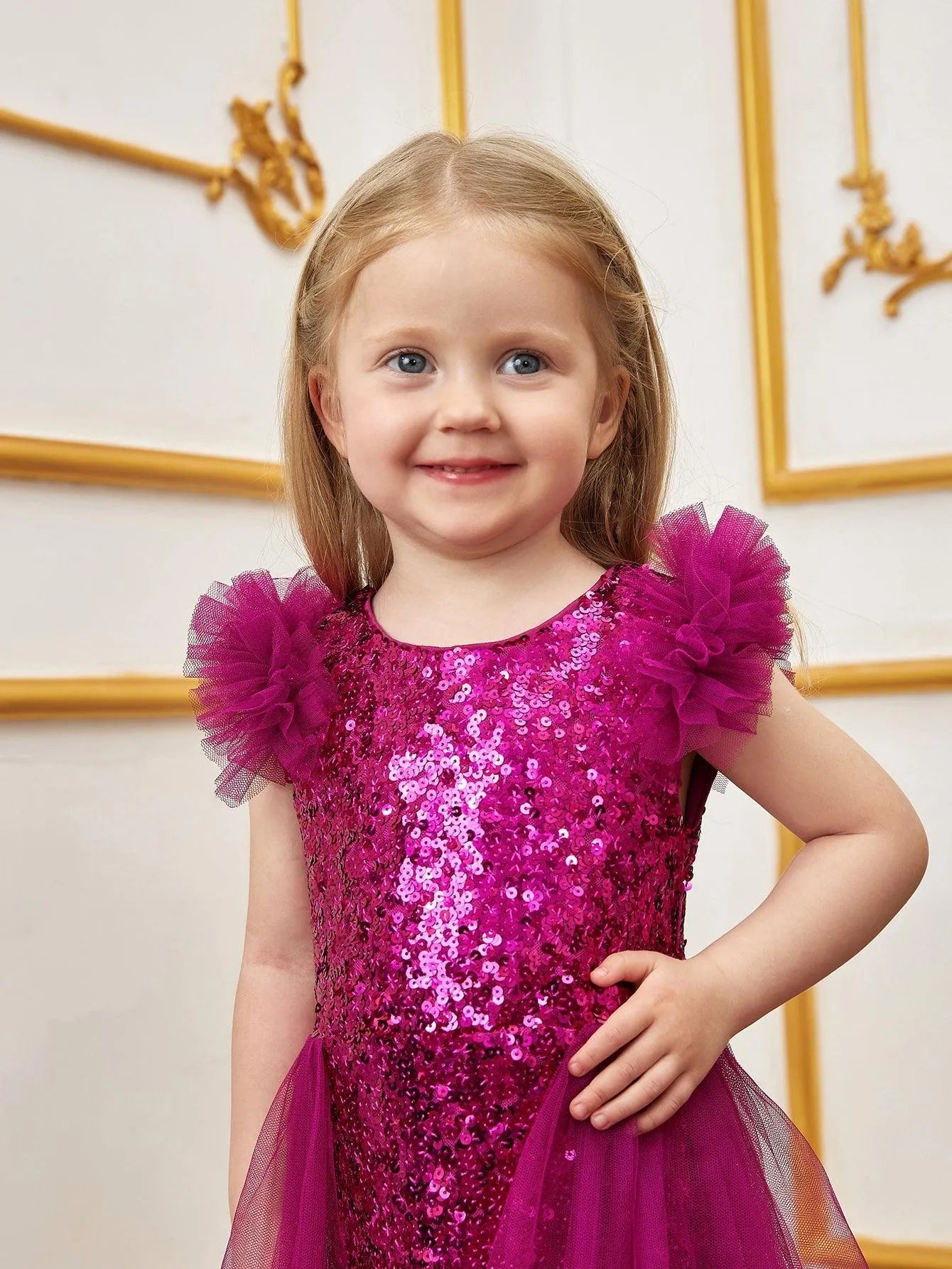 Additional product view of Layered Hem Sequin A-Line Sleeveless Mesh Young Girls' Party Dress