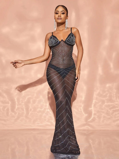 Chic Rhinestone Detail Sheer Mesh Cami Dress – view 5