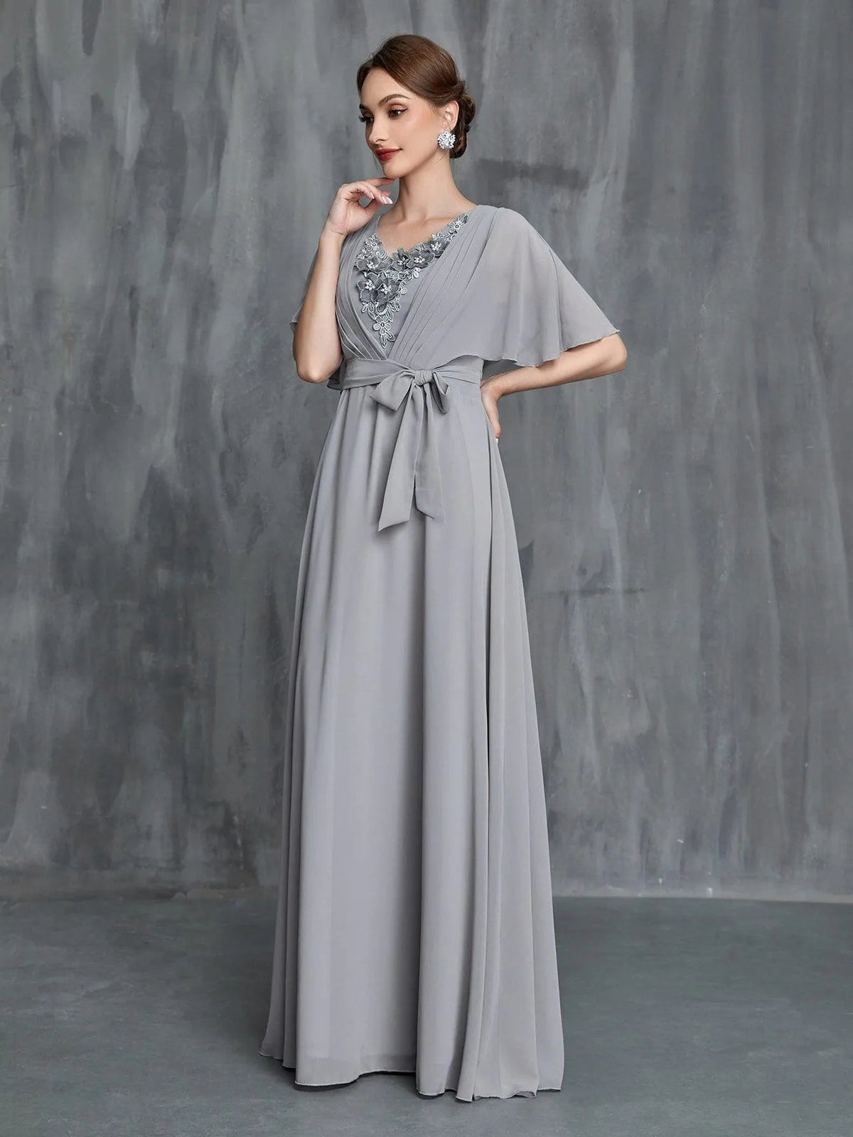 Additional product view of Belted Chiffon V-Neck Short-Sleeve A-Line Mother-of-the-Bride Dress