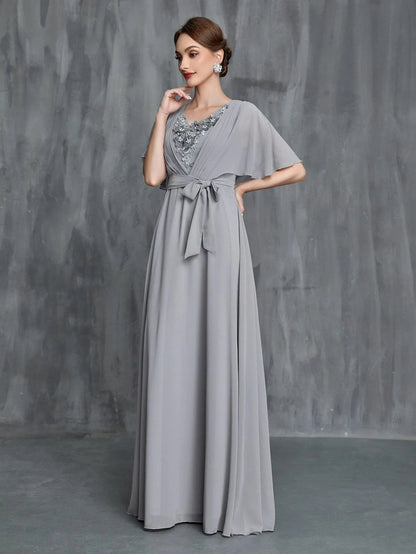 Additional product view of Belted Chiffon V-Neck Short-Sleeve A-Line Mother-of-the-Bride Dress