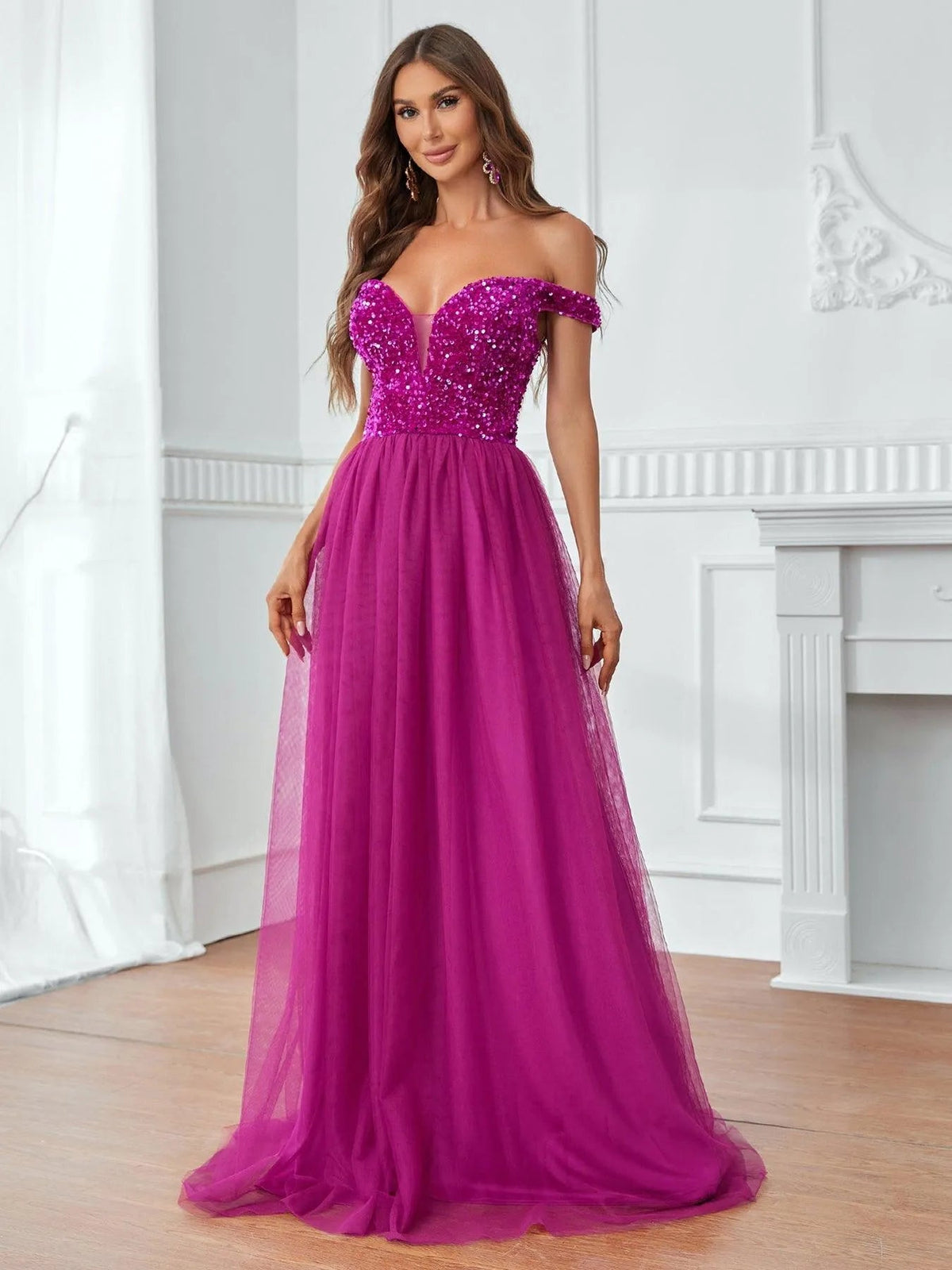 Contrast Mesh Sequin Bodice Off-Shoulder A-Line Short-Sleeve Evening Gown in Hot Pink