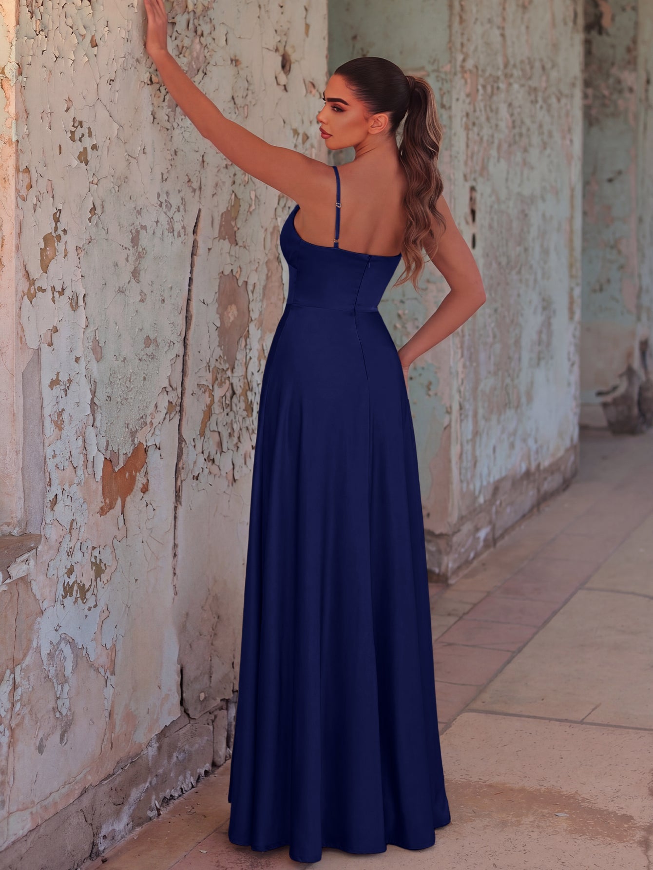 Additional product view of Cami Strap High-Slit Knit A-Line Sleeveless Evening Gown