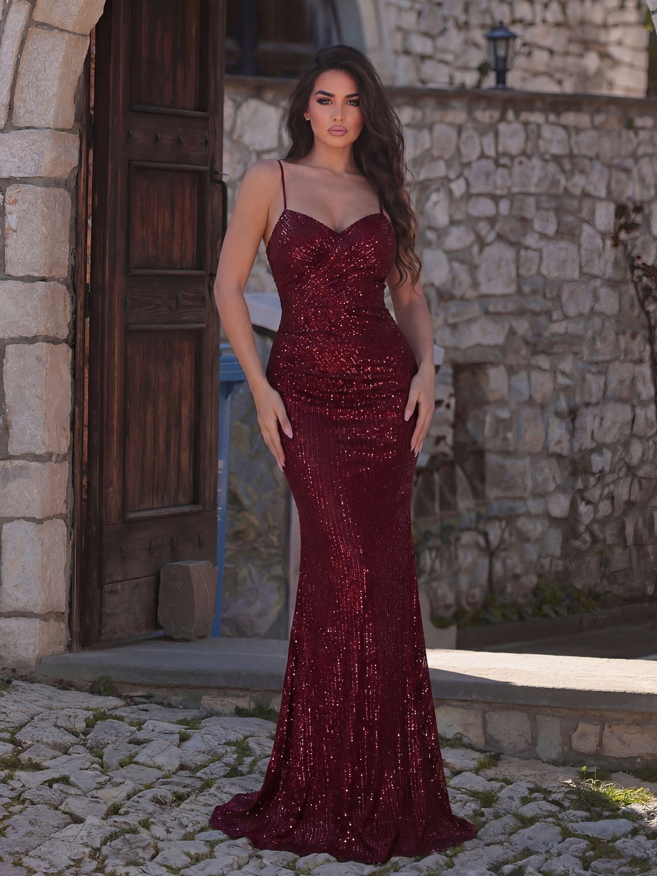 Additional product view of Ruched Wrap Cami Strap Sequin Mermaid Sleeveless Evening Gown
