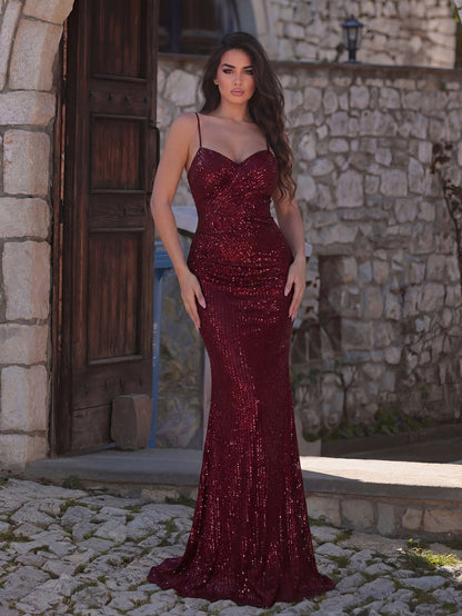 Additional product view of Ruched Wrap Cami Strap Sequin Mermaid Sleeveless Evening Gown