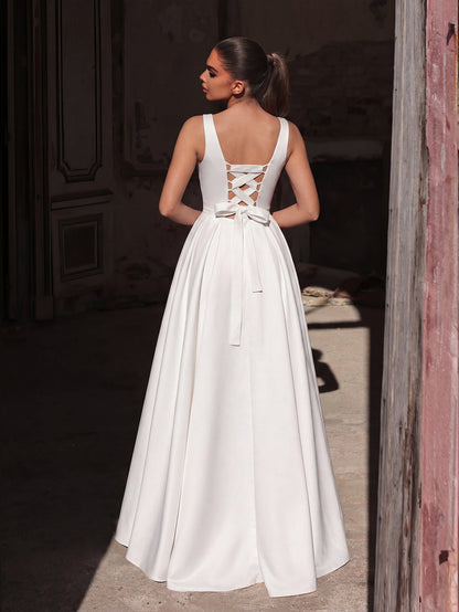 Additional product view of Lace-Up Back Square-Neck A-Line Sleeveless Maxi Evening Gown