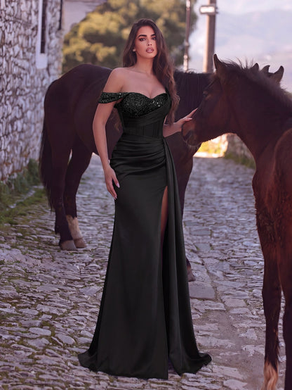 Elegant Asymmetrical Neck Split Mermaid Hem Satin Evening Dress