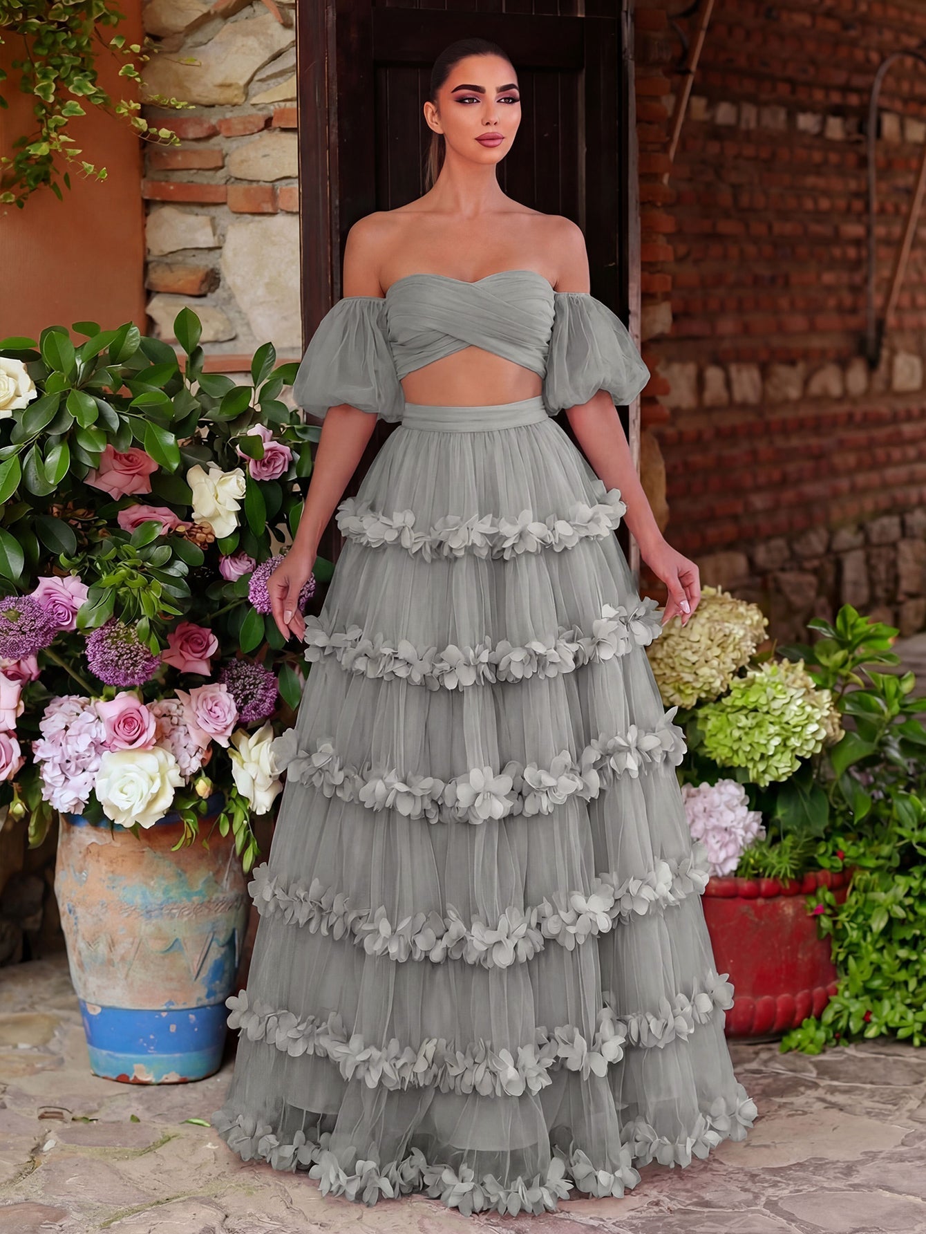Off Shoulder Puff Sleeve Crop Top & Frill Trim Mesh Skirt – authorized supplier view 4