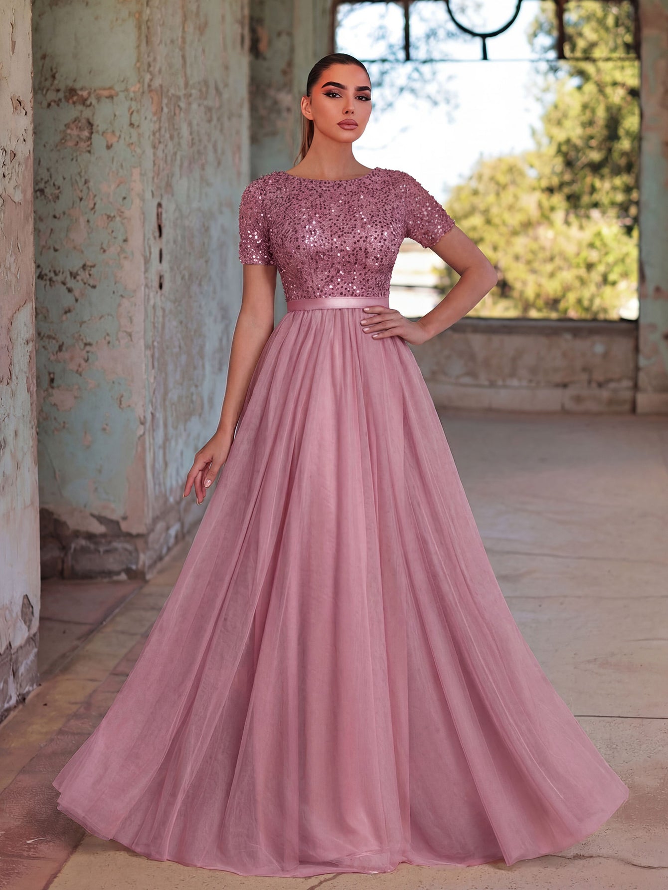 Alternate view of Tulle Skirt Boat-Neck Sequin A-Line Short-Sleeve Evening Gown in Mauve