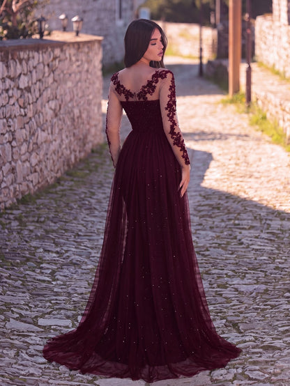 Round Neck Sequin Tulle Long-Sleeve Mermaid Evening Gown