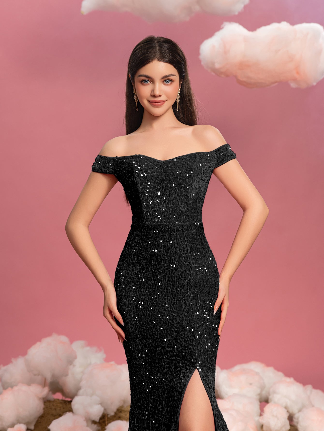 Additional product view of Mermaid Hem Off-Shoulder Sequin Short-Sleeve Maxi Teen Girls' Party Dress