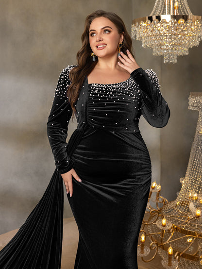 Plus Elegant Pearl Embellished Diagonal Neck Mermaid Hem Velvet Evening Dress