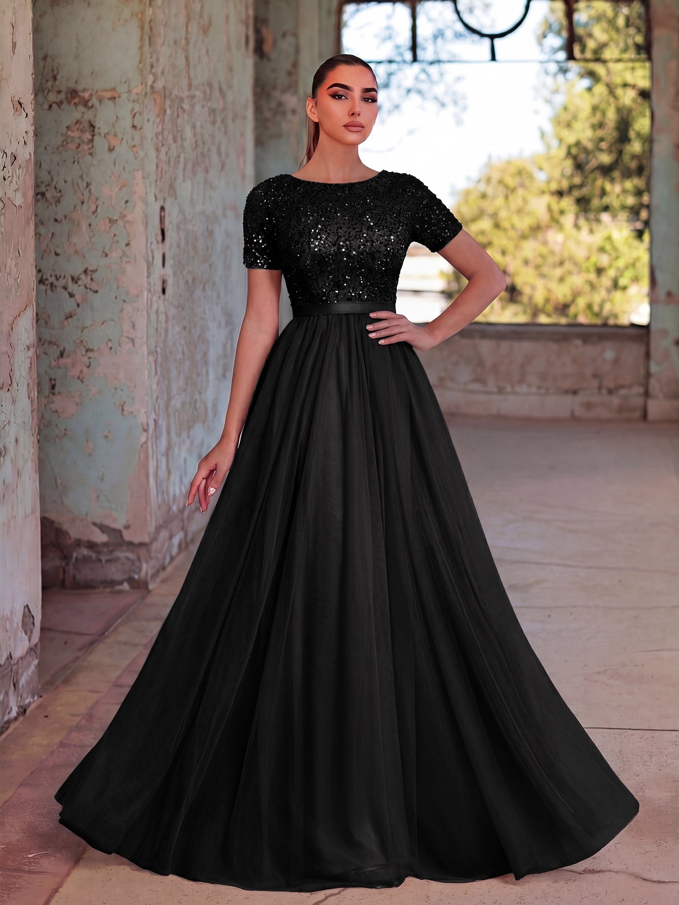 Additional product view of Tulle Skirt Boat-Neck Sequin A-Line Short-Sleeve Evening Gown