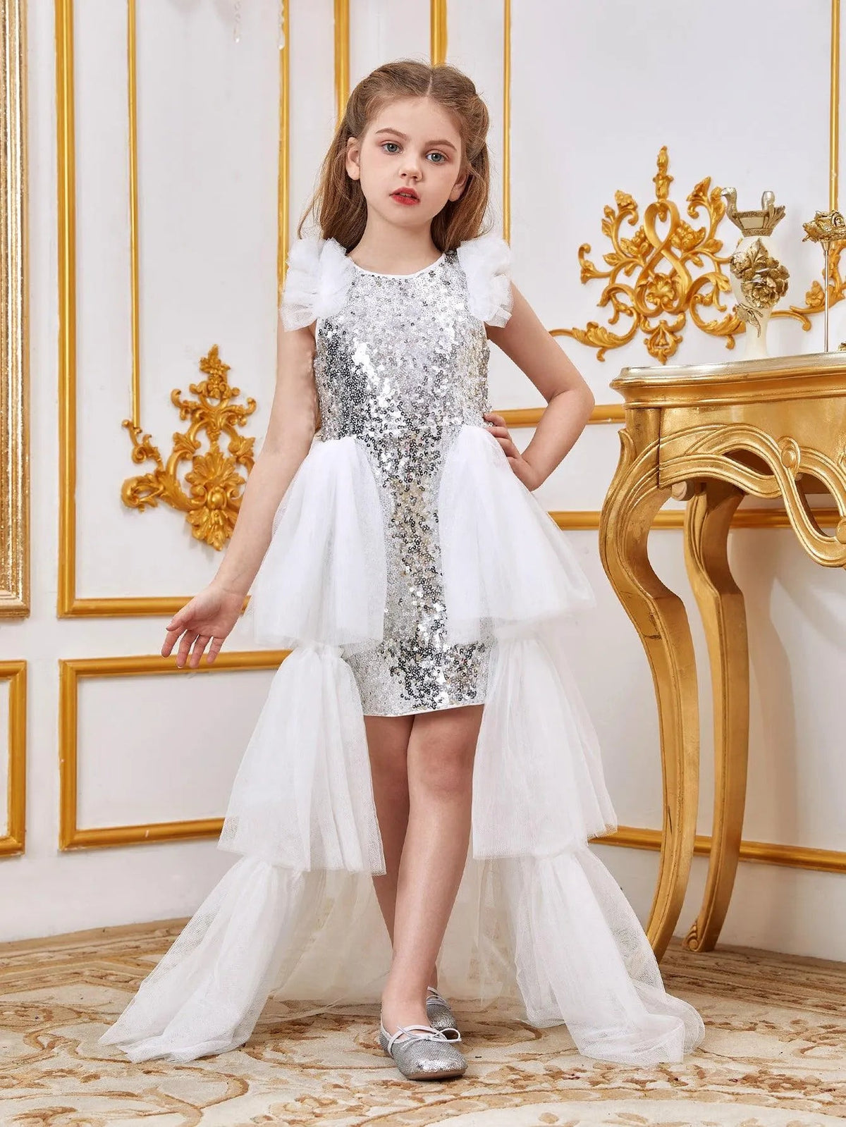 Additional product view of Layered Hem Sequin A-Line Sleeveless Mesh Midi Tween Girls' Party Dress