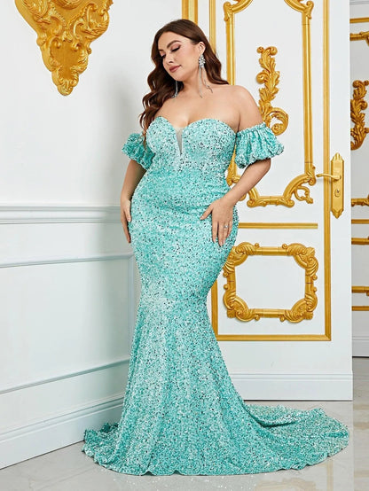 Plus Off Shoulder Puff Sleeves Mermaid Sequin Prom Dresses