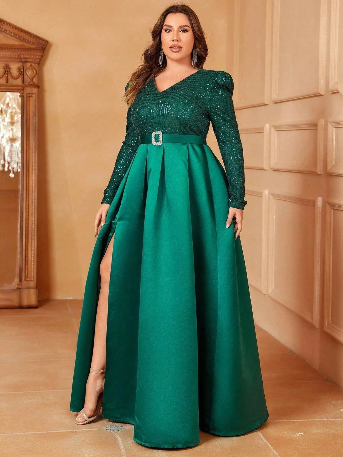 Plus-Size V-Neck Gigot Sleeve Slit A-Line Prom Dress — authorized product image 4