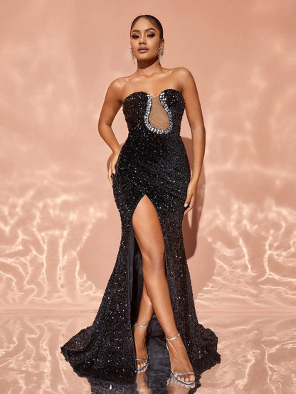 Chic Rhinestone Decor Split Mermaid Hem SequinTube Dress – view 3