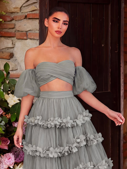 Off Shoulder Puff Sleeve Crop Top & Frill Trim Mesh Skirt – authorized supplier view 11