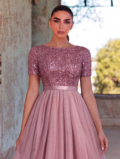 Additional product view of Tulle Skirt Boat-Neck Sequin A-Line Short-Sleeve Evening Gown
