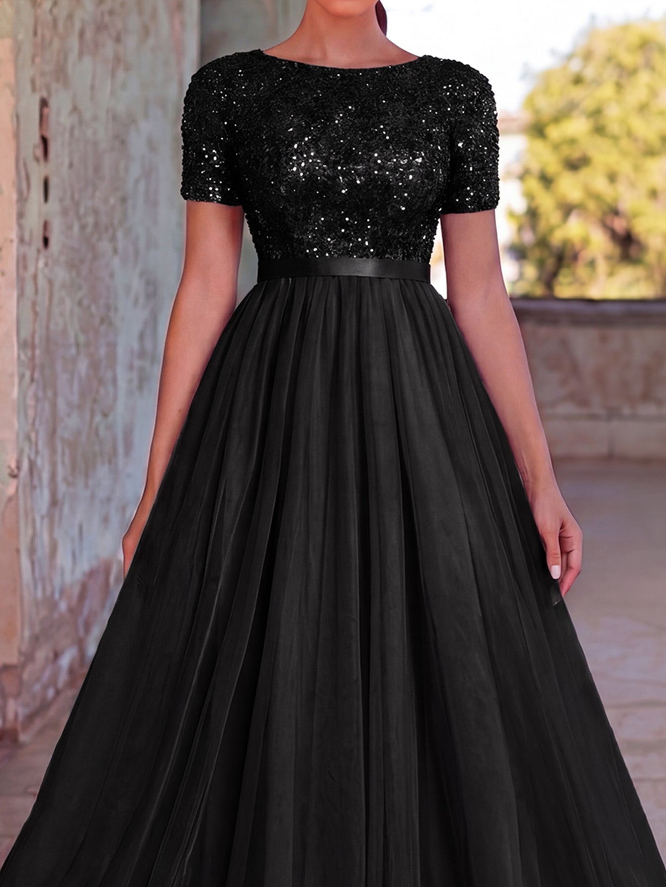 Additional product view of Tulle Skirt Boat-Neck Sequin A-Line Short-Sleeve Evening Gown