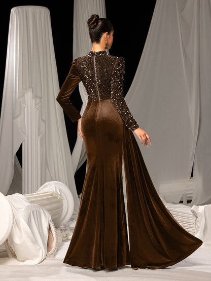 Elegant Velvet Evening Gown with Sequin Detail & Mermaid Silhouette – Luxury Bridal Wear for Weddings or High-End Events, XS-XL
