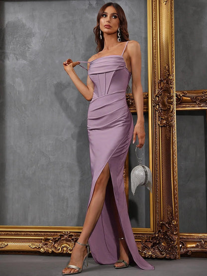 Additional product view of Cami Strap High-Slit Knit Sheath Sleeveless Evening Gown