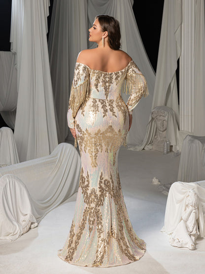 Plus Gorgeous Fringed Trim Off-Shoulder Mermaid Hem Sequin Formal Dress Evening Gown – view 2