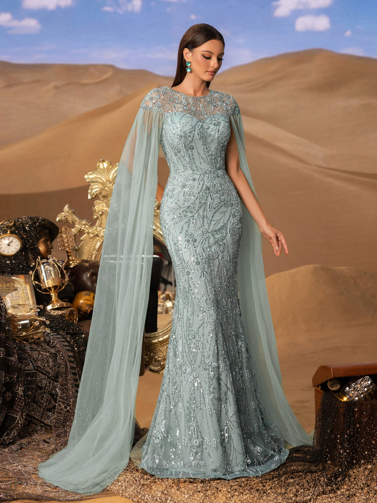 Luxury Round Neck Cloak Sleeve Mermaid Hem Beaded Evening Dress — authorized product image 11
