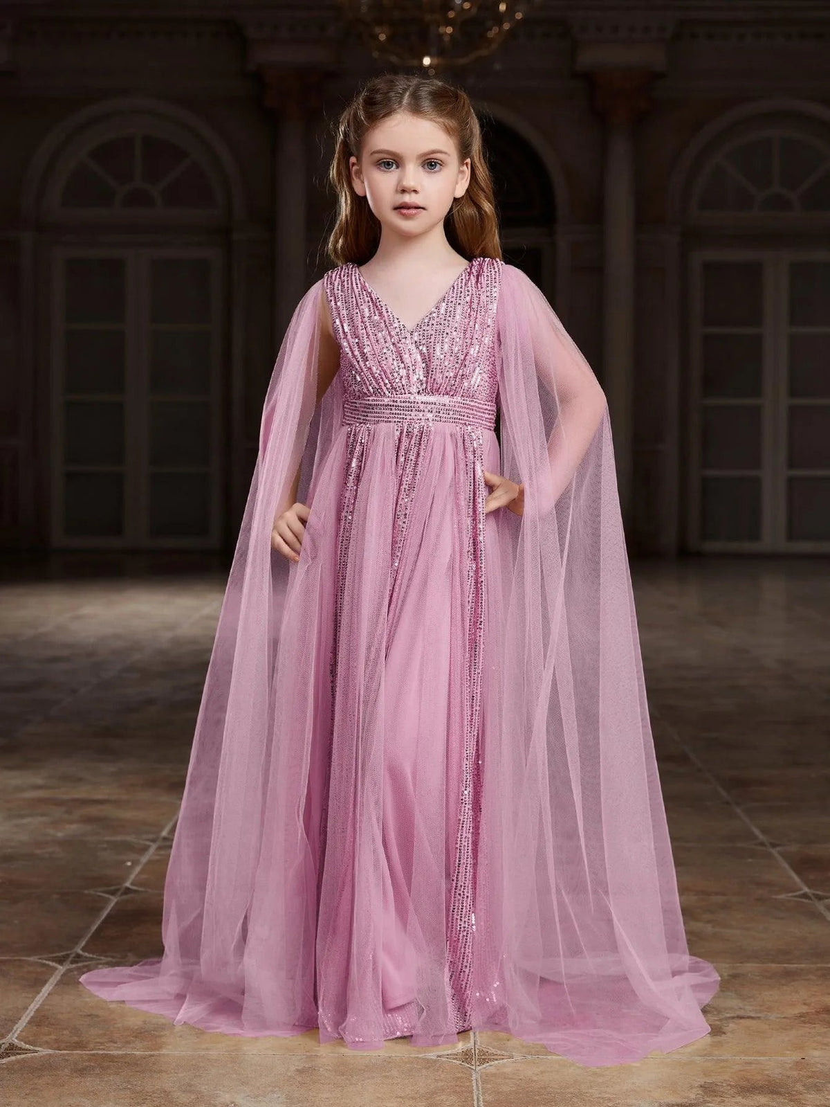 Additional product view of Contrast Mesh Cape-Sleeve V-Neck Sequin A-Line Tween Girls' Party Dress