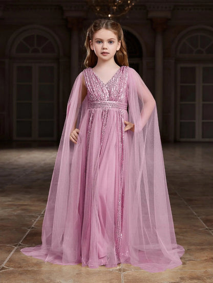 Additional product view of Contrast Mesh Cape-Sleeve V-Neck Sequin A-Line Tween Girls' Party Dress