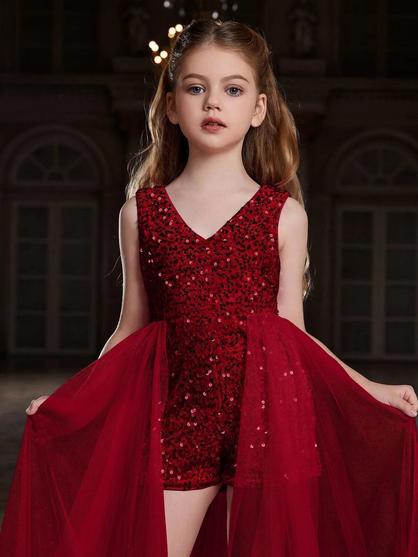 Additional product view of Mesh Overlay V-Neck Sequin Sleeveless Tween Girls' Formal Romper