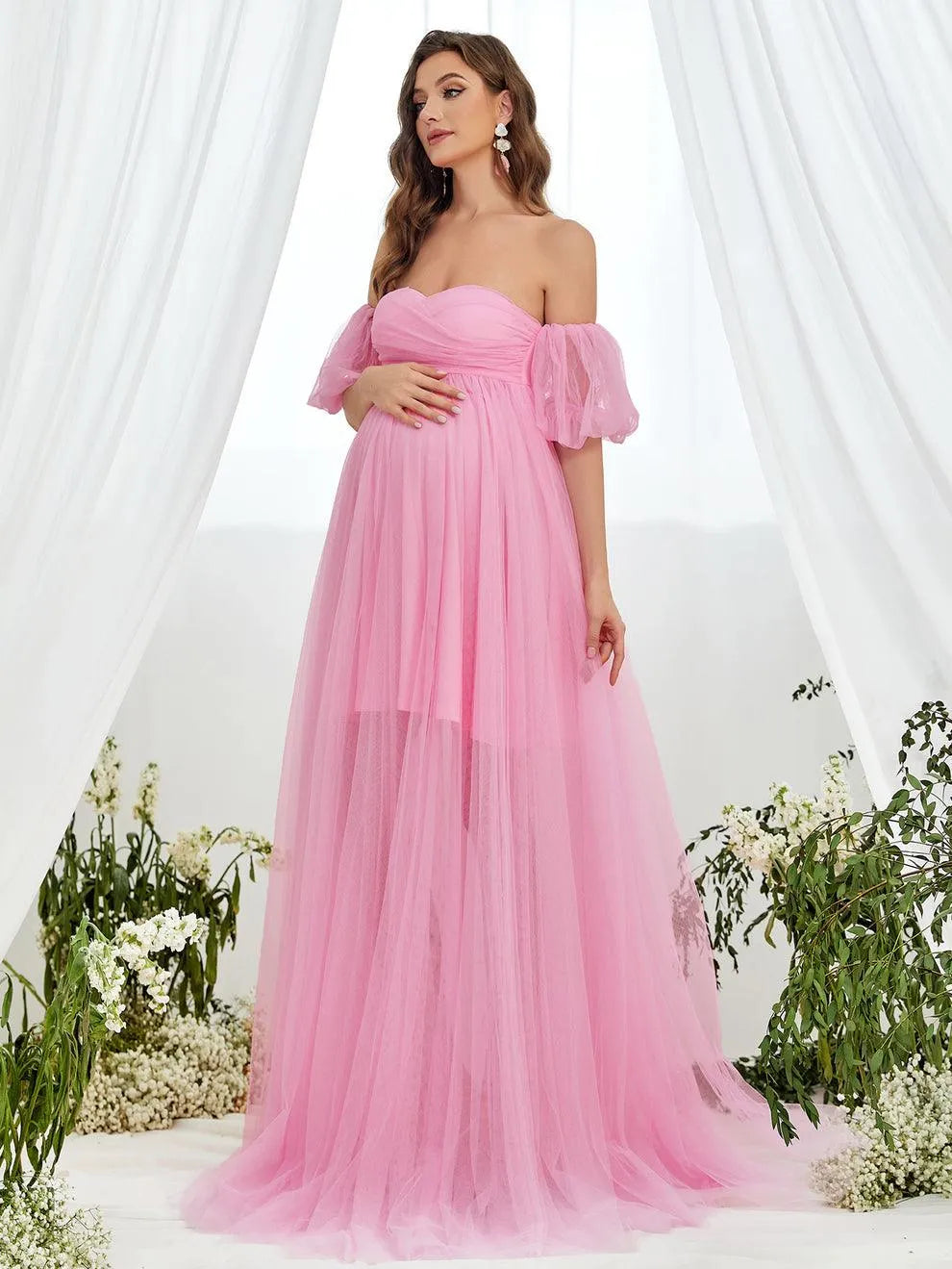 Additional product view of Mesh Overlay Puff-Sleeve Off-Shoulder A-Line Maxi Maternity Evening Dress
