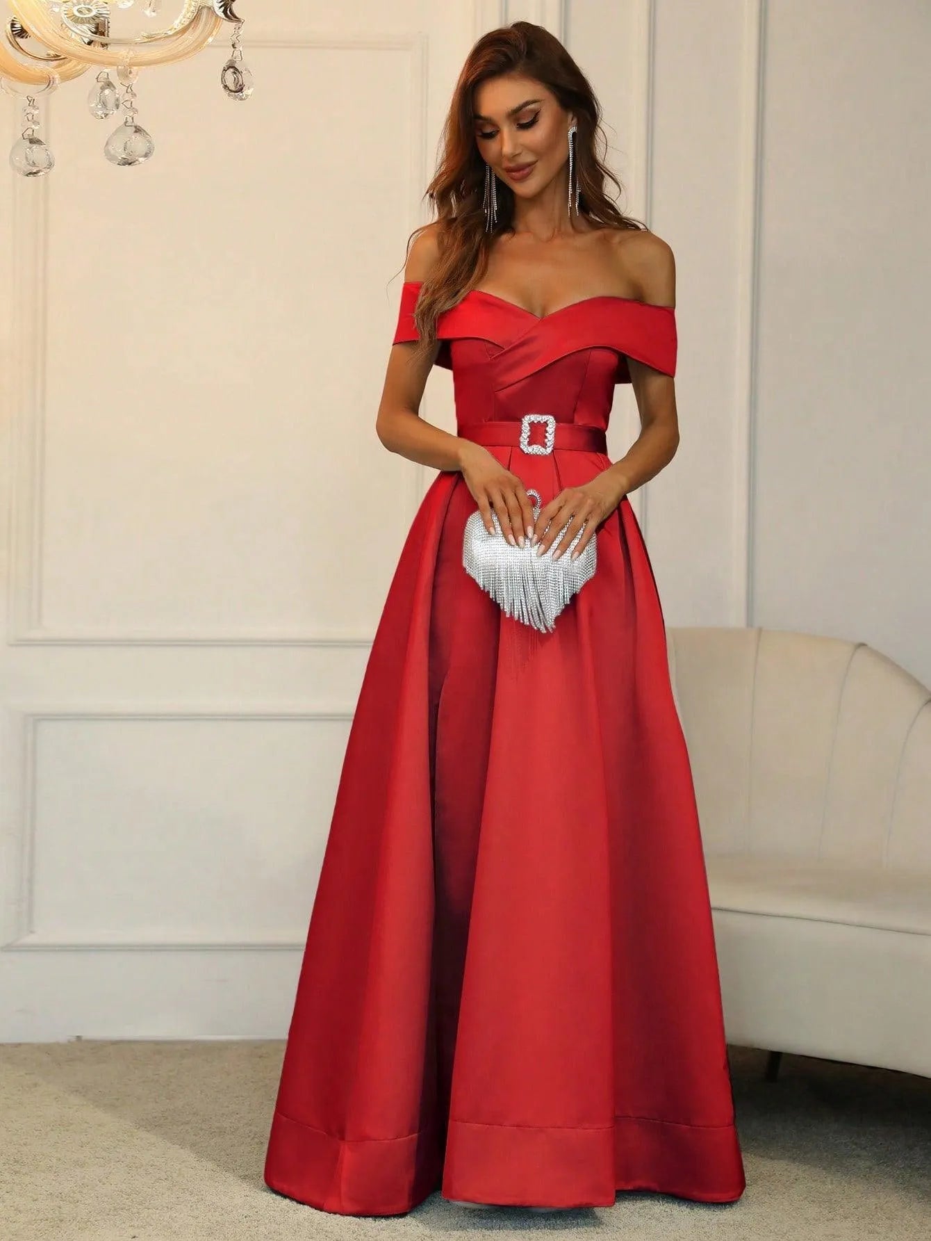 Alternate view of Belted Off-Shoulder Satin High-Slit A-Line Evening Gown in Red