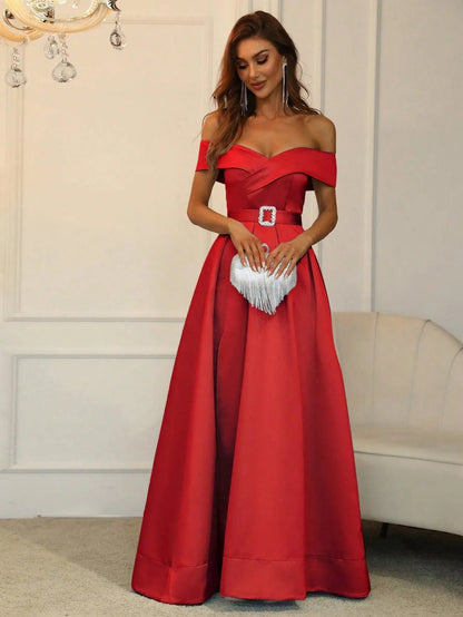Alternate view of Belted Off-Shoulder Satin High-Slit A-Line Evening Gown in Red