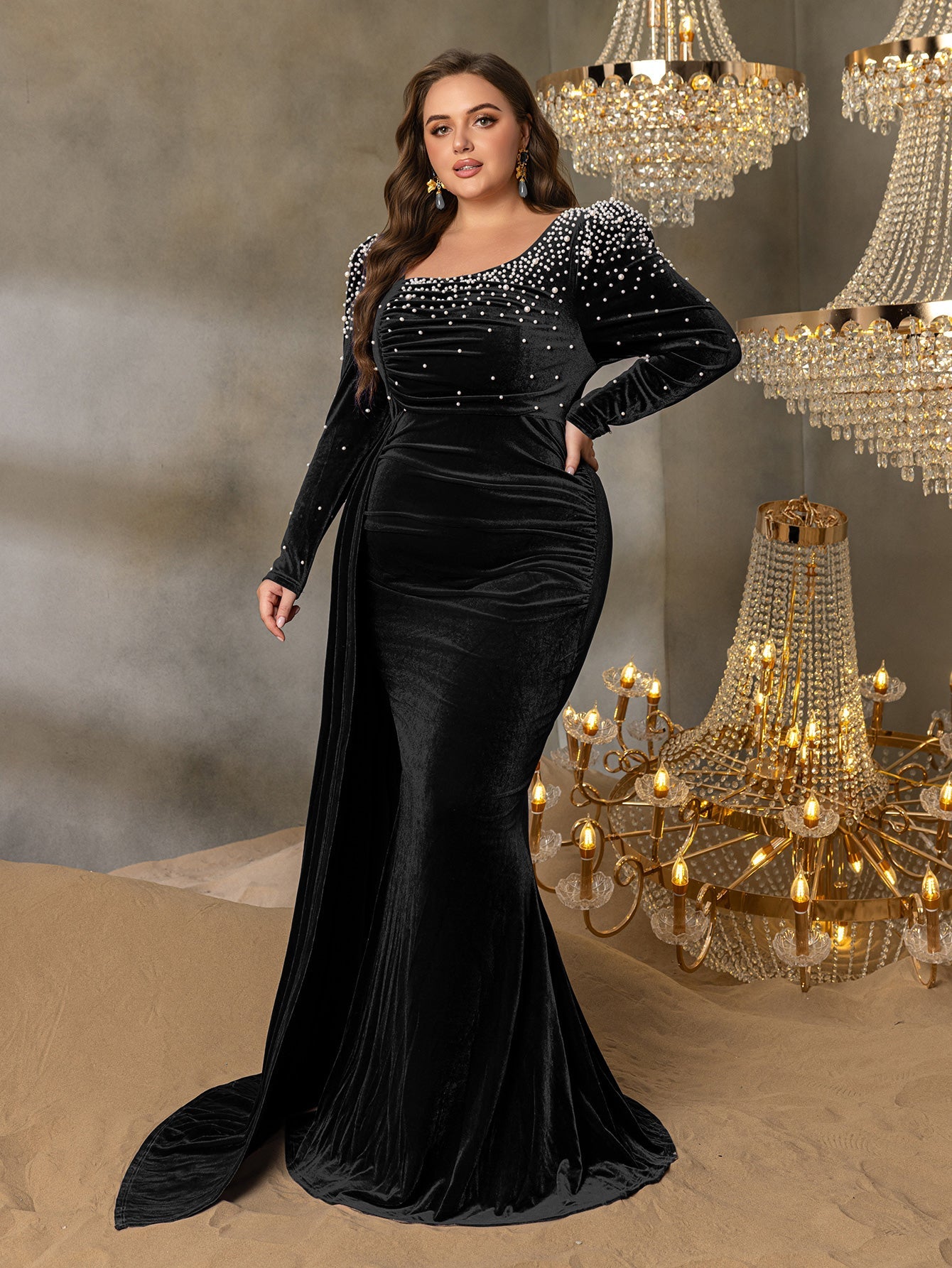 Plus Elegant Pearl Embellished Diagonal Neck Mermaid Hem Velvet Evening Dress