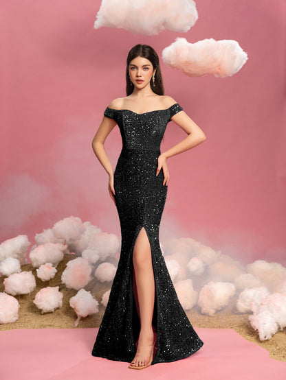 Additional product view of Mermaid Hem Off-Shoulder Sequin Short-Sleeve Maxi Teen Girls' Party Dress
