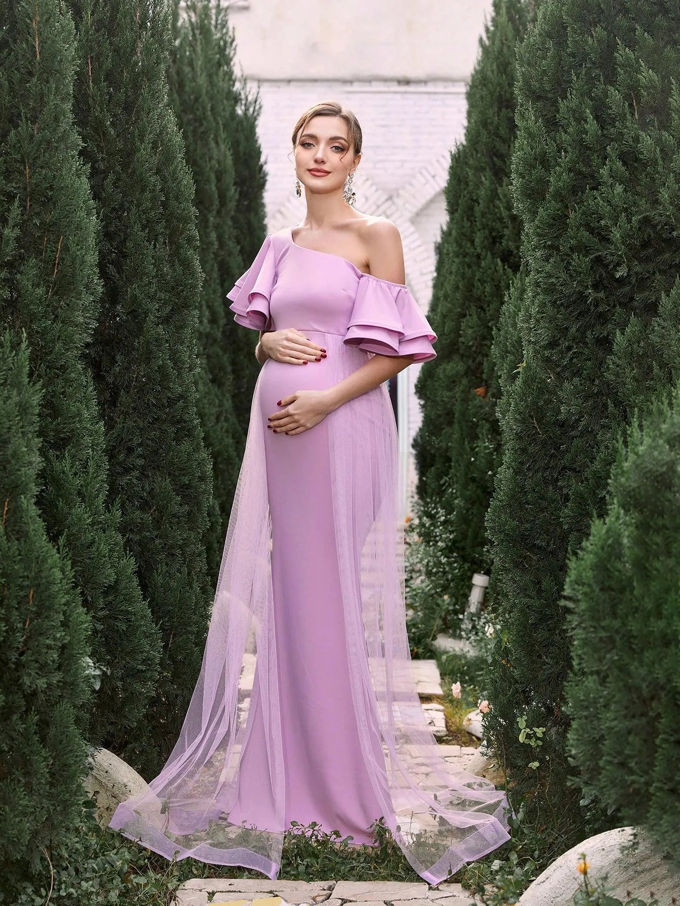 Maternity Asymmetrical Collar Ruffle Sleeves Mermaid Dress – view 3