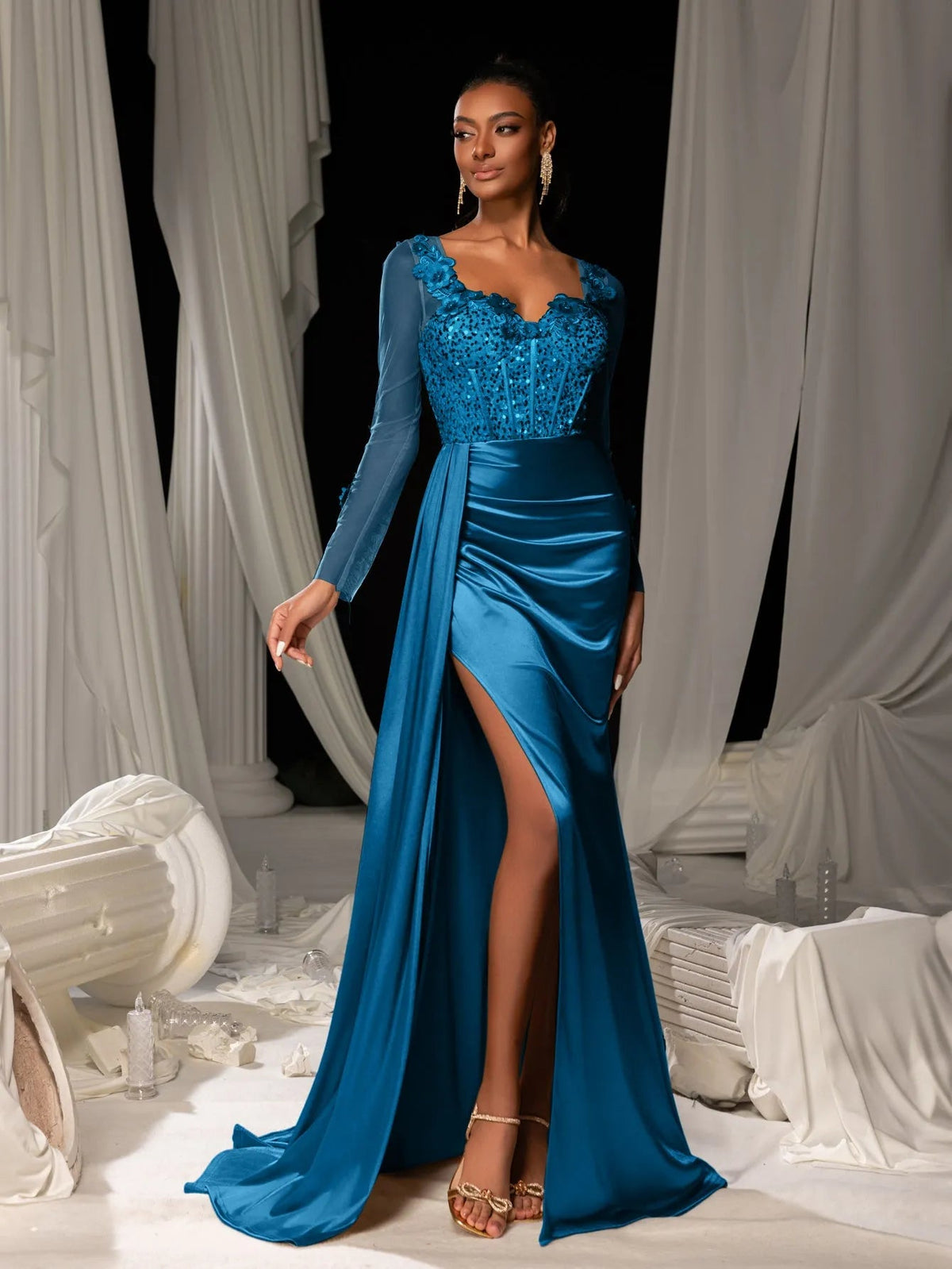 Additional view of Sequin Bodice Sheer Sleeve Mermaid Hem Satin Evening Dress