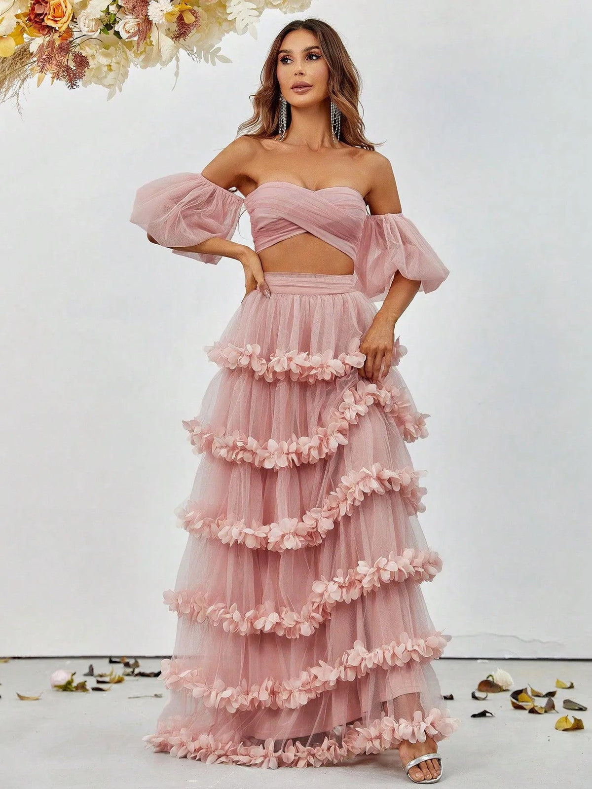 Off-Shoulder Puff Sleeve Crop Top & Frill Trim Mesh Skirt – view 4
