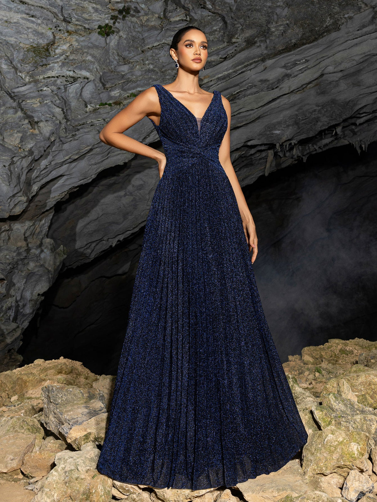 Glitter V Neck Sleeveless Maxi A Line Pleated Dress