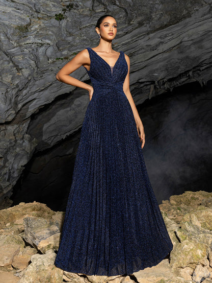 Glitter V Neck Sleeveless Maxi A Line Pleated Dress