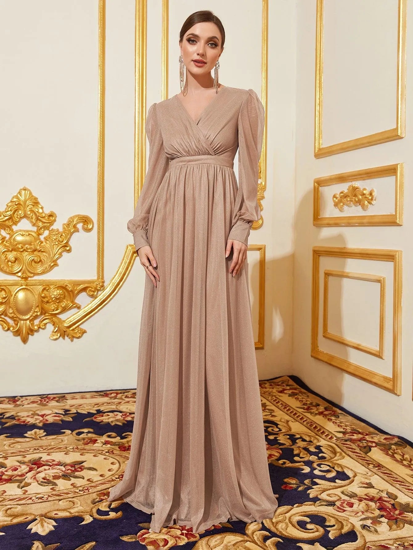 Additional product view of V-Neck Chiffon A-Line Long-Sleeve Maxi Evening Gown
