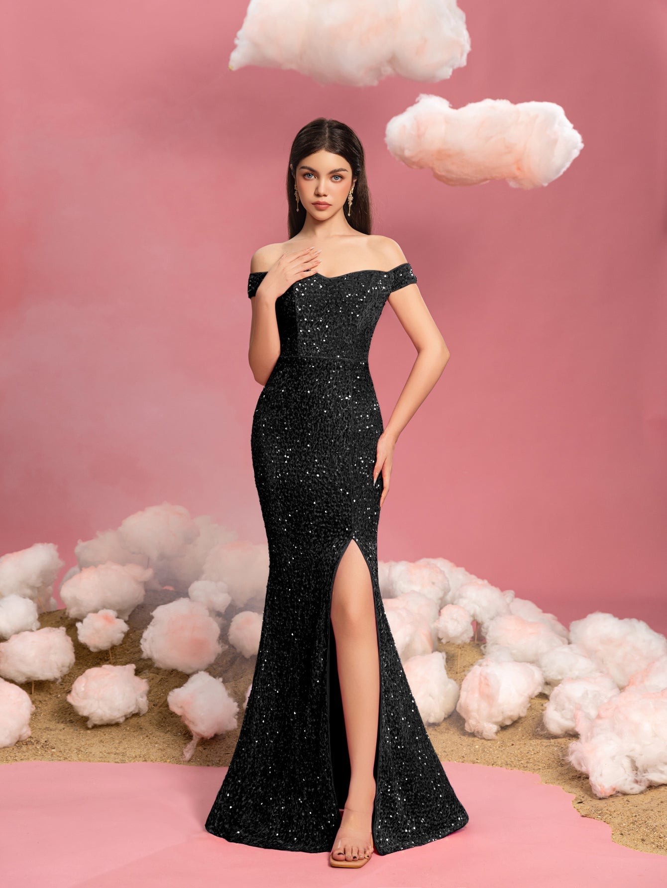 Additional product view of Mermaid Hem Off-Shoulder Sequin Short-Sleeve Maxi Teen Girls' Party Dress