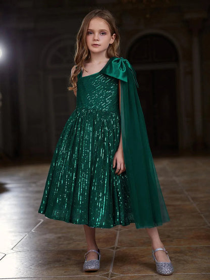 Alternate view of Draped Side Bow Detail One-Shoulder Sequin A-Line Tween Girls' Party Dress in Dark Green