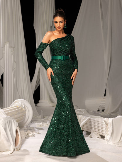 Dark Green One-Shoulder Sequin Long-Sleeve Mermaid Wedding Guest Dress