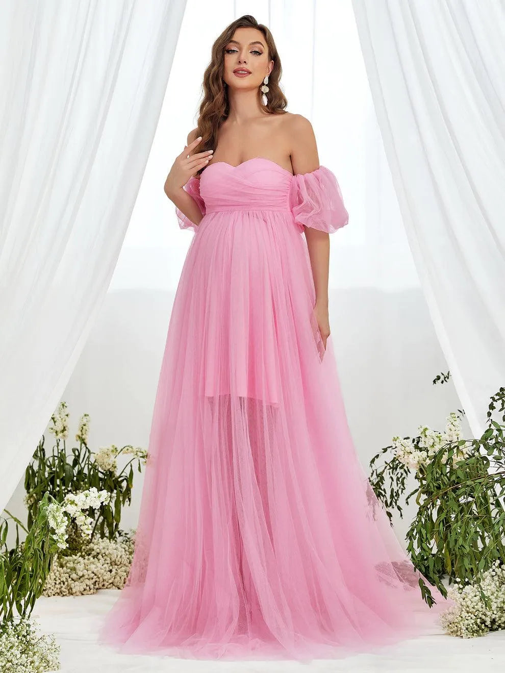 Alternate view of Mesh Overlay Puff-Sleeve Off-Shoulder A-Line Maxi Maternity Evening Dress in Pink